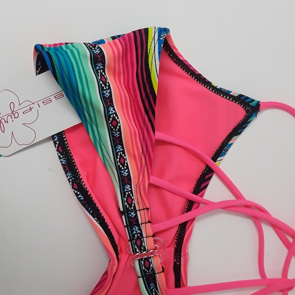 Gossip Girl Two Piece Bikini Swim Suit Blue Pink Aztex Stripe Size 16 Swimwear - Picture 6 of 14